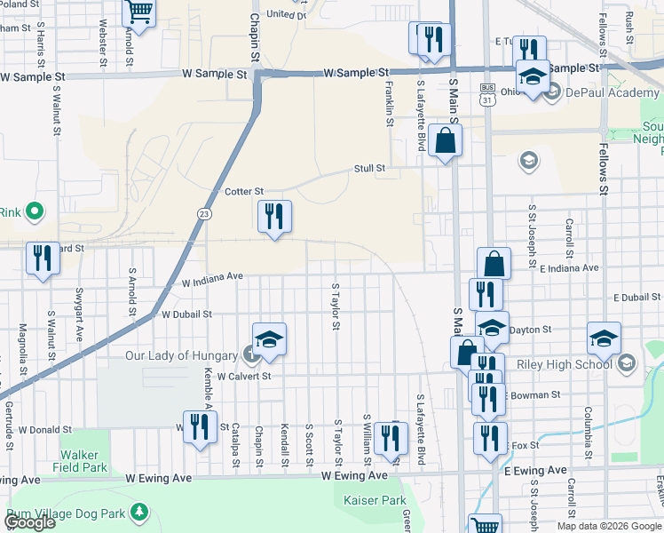 map of restaurants, bars, coffee shops, grocery stores, and more near 601 West Indiana Avenue in South Bend