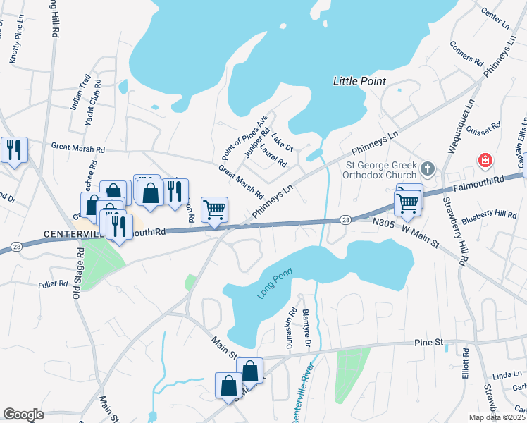map of restaurants, bars, coffee shops, grocery stores, and more near 242 Phinneys Lane in Barnstable