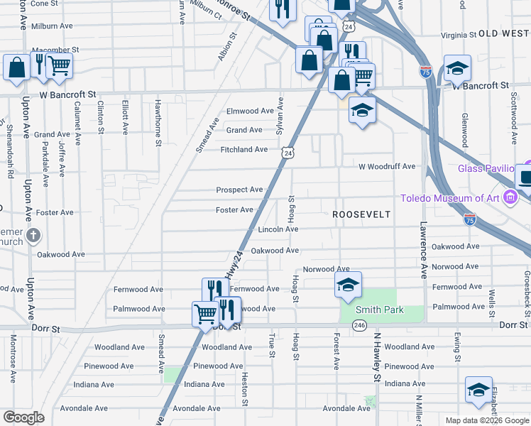 map of restaurants, bars, coffee shops, grocery stores, and more near 1828 N Detroit Ave in Toledo