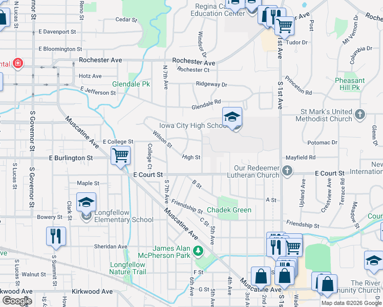map of restaurants, bars, coffee shops, grocery stores, and more near 1830 High Street in Iowa City