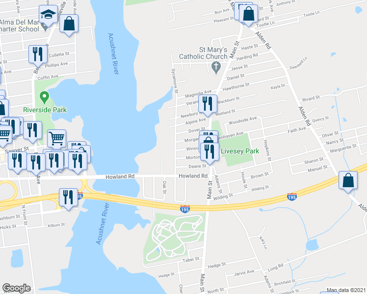 map of restaurants, bars, coffee shops, grocery stores, and more near 8 Winsor Street in Fairhaven