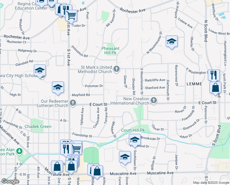 map of restaurants, bars, coffee shops, grocery stores, and more near 217 Linden Court in Iowa City