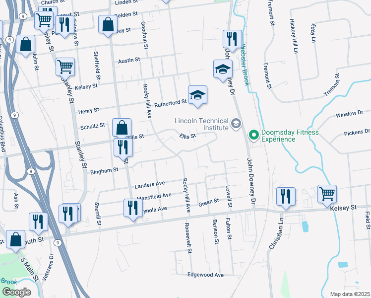 map of restaurants, bars, coffee shops, grocery stores, and more near 250 Bingham St in New Britain
