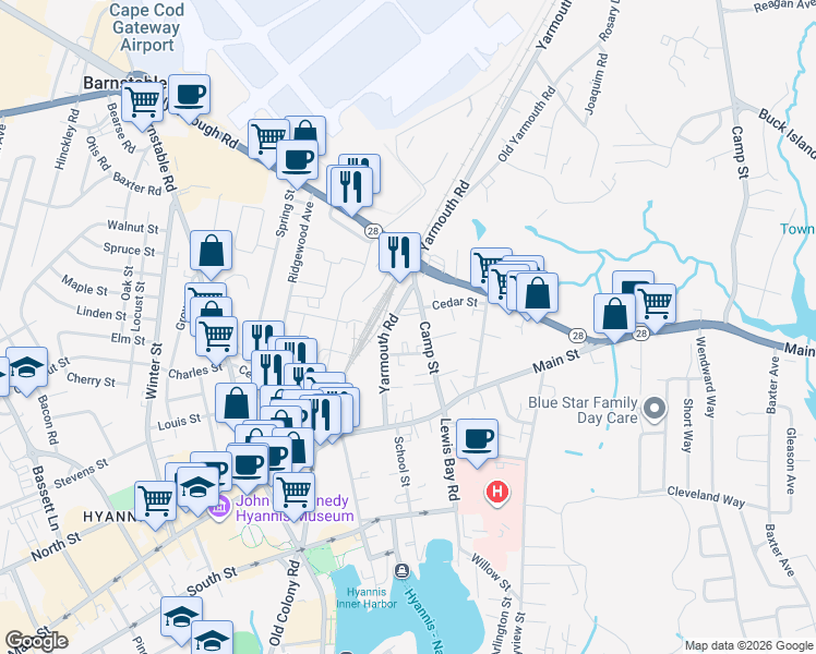 map of restaurants, bars, coffee shops, grocery stores, and more near 91 Camp Street in Barnstable
