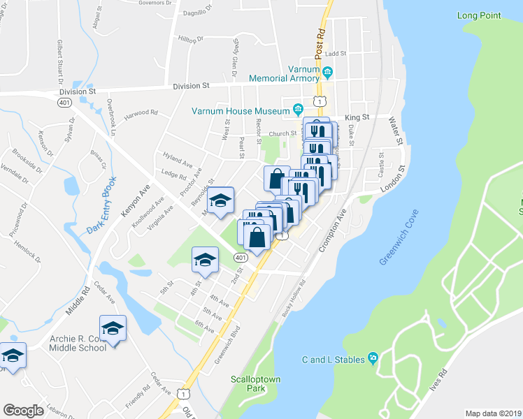 map of restaurants, bars, coffee shops, grocery stores, and more near 40 Greene Street in East Greenwich