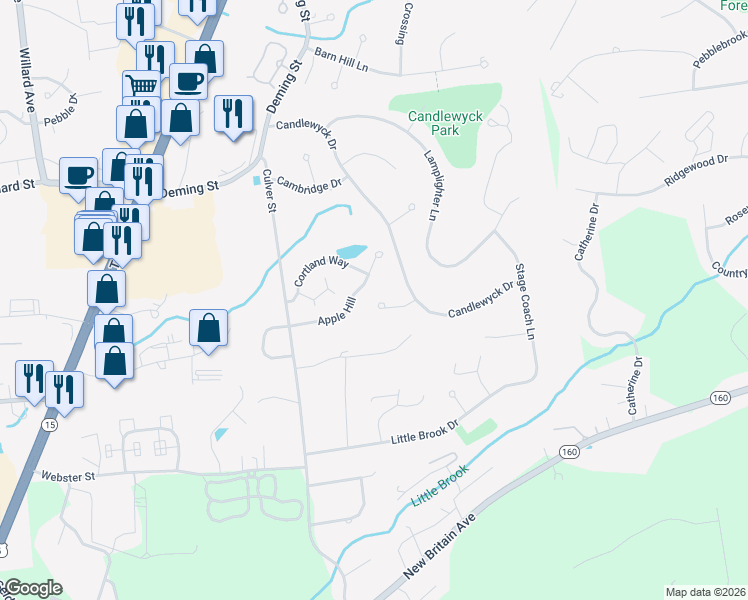 map of restaurants, bars, coffee shops, grocery stores, and more near 36 Coachmen Lane in Newington