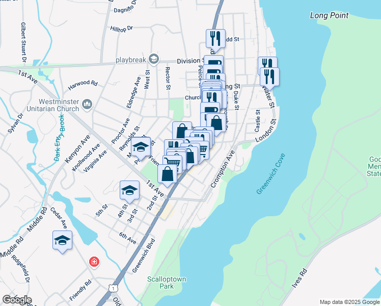 map of restaurants, bars, coffee shops, grocery stores, and more near 495 Main Street in East Greenwich