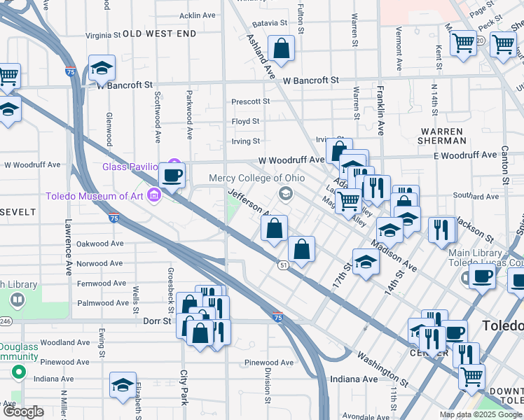 map of restaurants, bars, coffee shops, grocery stores, and more near 2238 Jefferson Avenue in Toledo