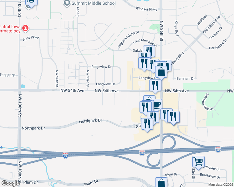 map of restaurants, bars, coffee shops, grocery stores, and more near 5385 Northwest 90th Court in Johnston