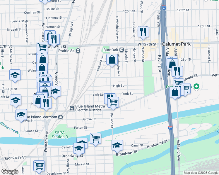map of restaurants, bars, coffee shops, grocery stores, and more near 2003 High Street in Blue Island