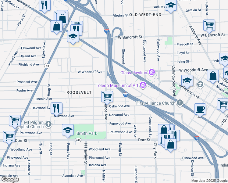 map of restaurants, bars, coffee shops, grocery stores, and more near 841 Colfax Street in Toledo