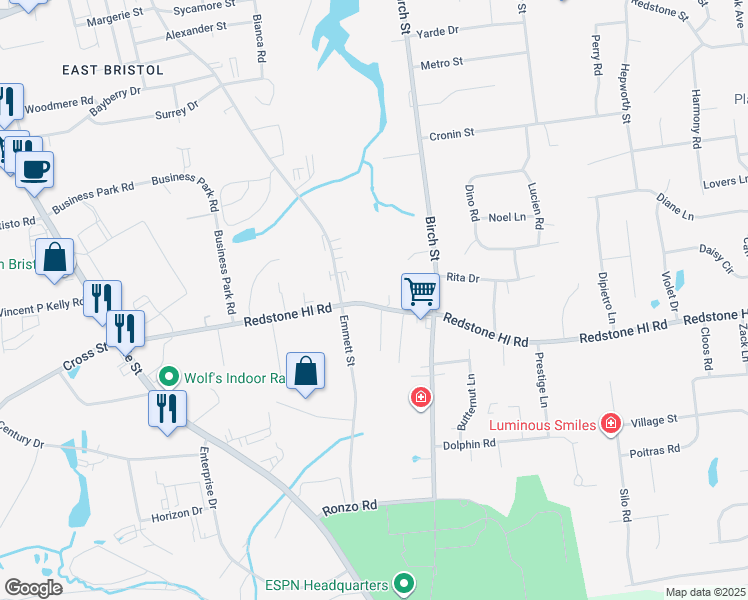 map of restaurants, bars, coffee shops, grocery stores, and more near 295 Redstone Hill Road in Bristol