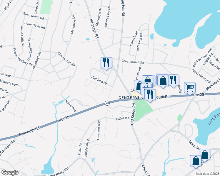 map of restaurants, bars, coffee shops, grocery stores, and more near 1309 Shootflying Hill Road in Barnstable