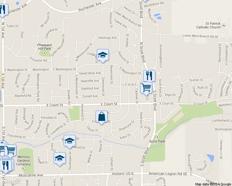 map of restaurants, bars, coffee shops, grocery stores, and more near 3206 Raven Court in Iowa City