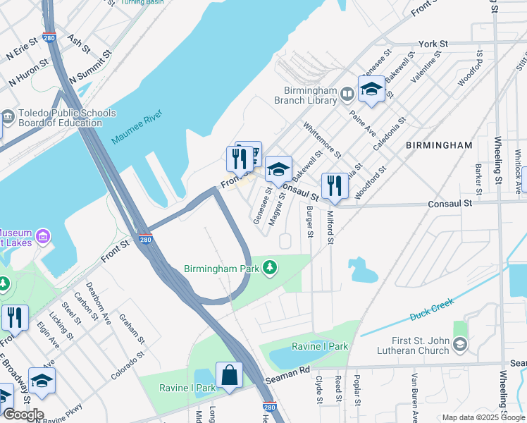 map of restaurants, bars, coffee shops, grocery stores, and more near 1845 Genesee Street in Toledo