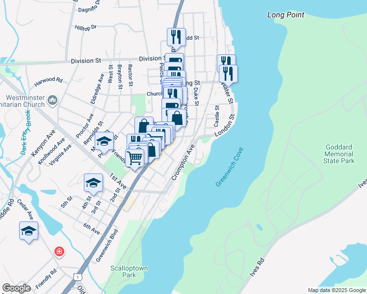 map of restaurants, bars, coffee shops, grocery stores, and more near 194 Marlborough Street in East Greenwich