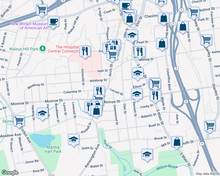 map of restaurants, bars, coffee shops, grocery stores, and more near 51 Locust Street in New Britain