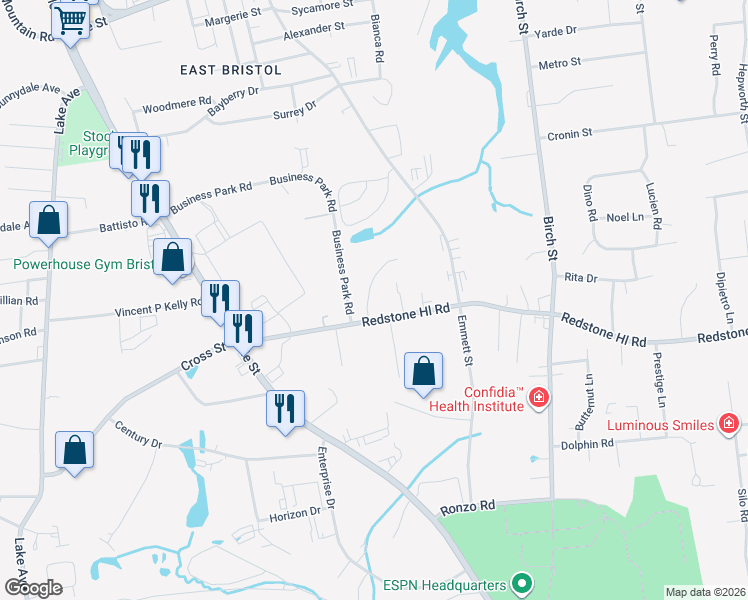 map of restaurants, bars, coffee shops, grocery stores, and more near 155 Redstone Hill Road in Bristol