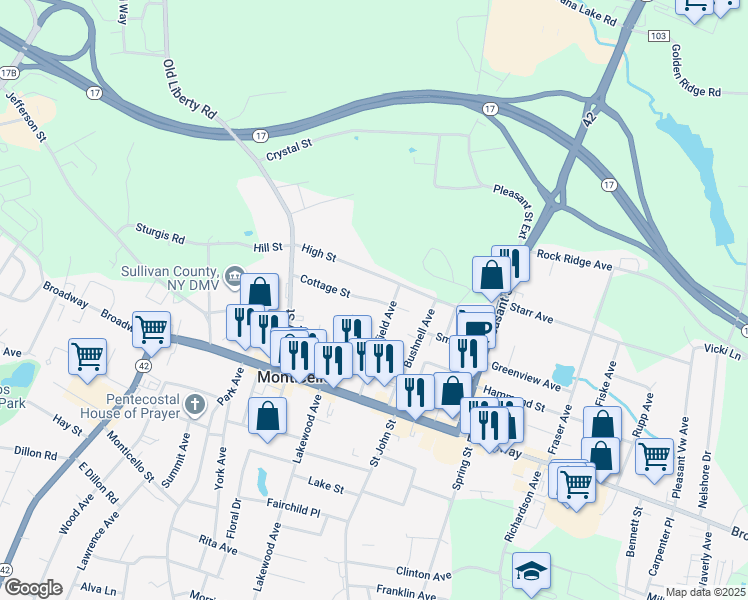 map of restaurants, bars, coffee shops, grocery stores, and more near 23 Cottage Street in Monticello