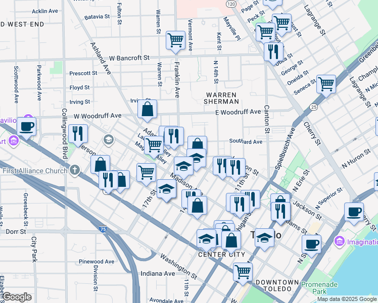 map of restaurants, bars, coffee shops, grocery stores, and more near 1812 Vermont Avenue in Toledo
