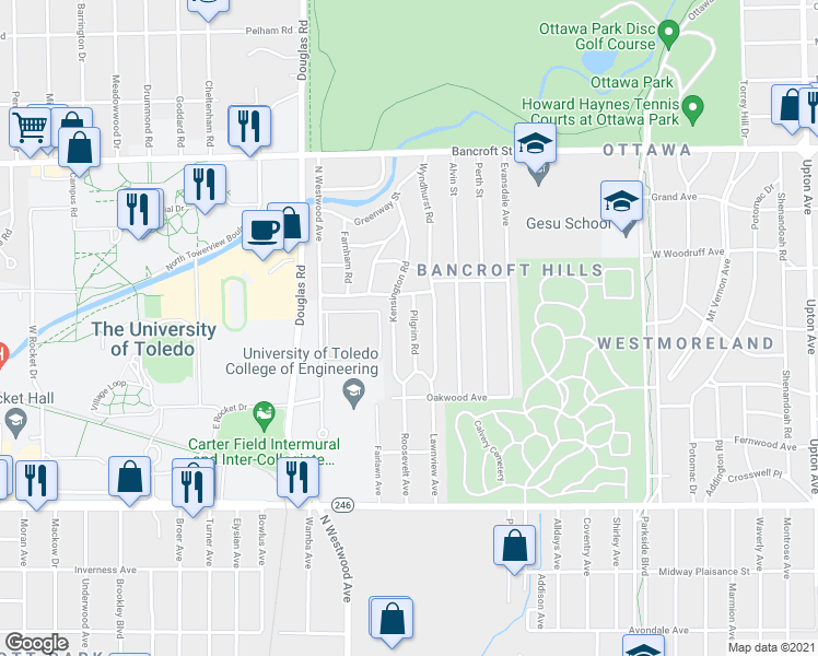 map of restaurants, bars, coffee shops, grocery stores, and more near 1801 Pilgrim Road in Toledo