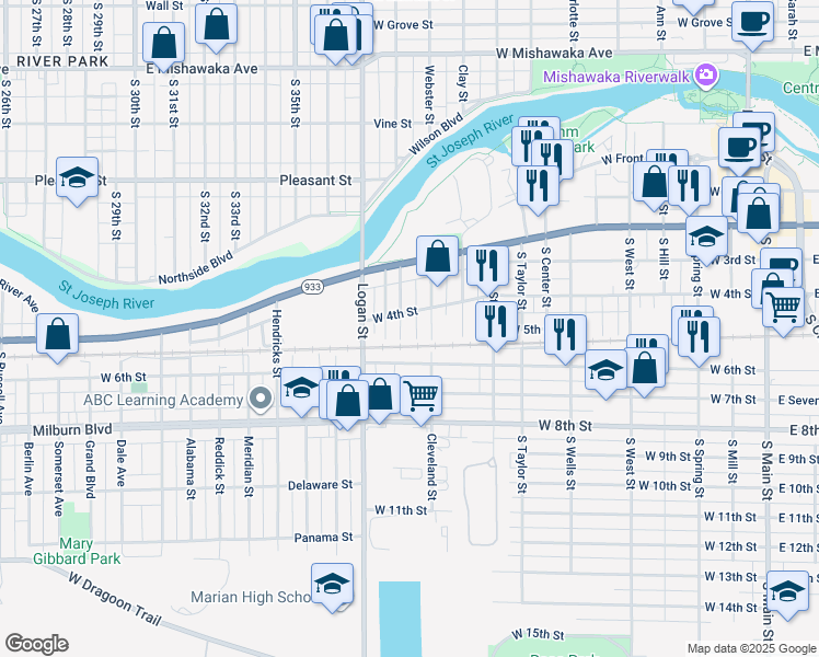 map of restaurants, bars, coffee shops, grocery stores, and more near 314 Harrison Street in Mishawaka