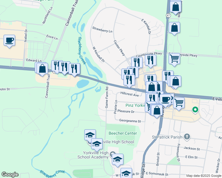 map of restaurants, bars, coffee shops, grocery stores, and more near 1308 Game Farm Road in Yorkville