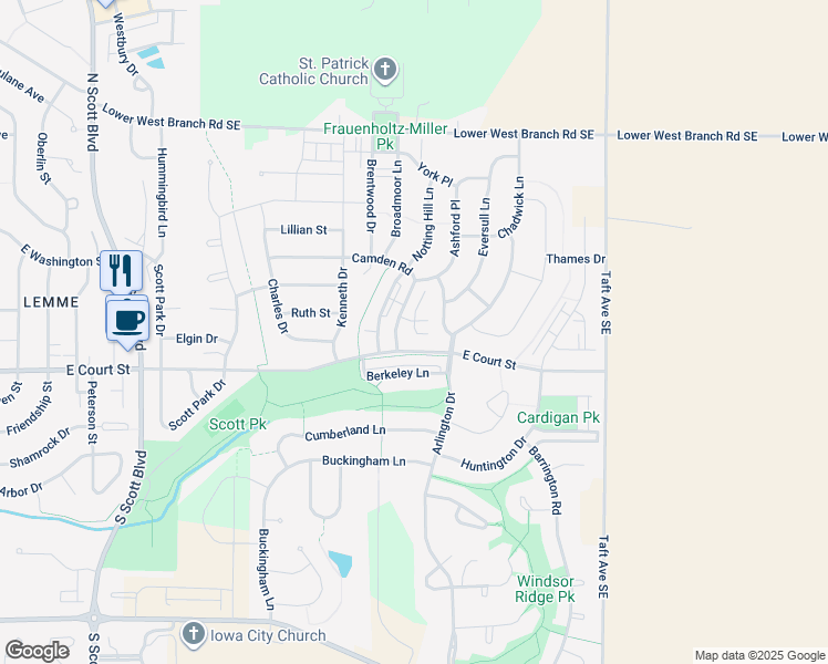 map of restaurants, bars, coffee shops, grocery stores, and more near 4438 East Court Street in Iowa City