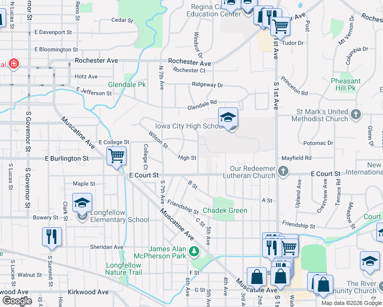 map of restaurants, bars, coffee shops, grocery stores, and more near 1830 High Street in Iowa City