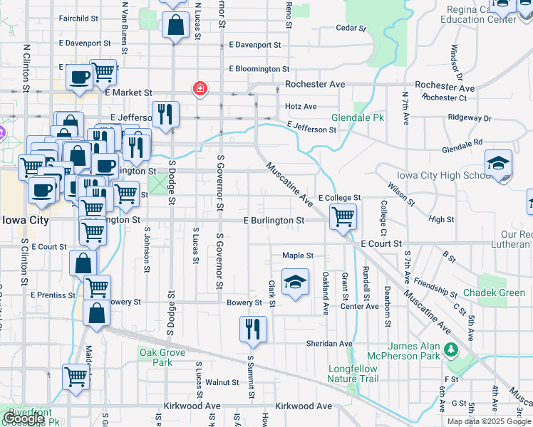 map of restaurants, bars, coffee shops, grocery stores, and more near 1104 East Burlington Street in Iowa City