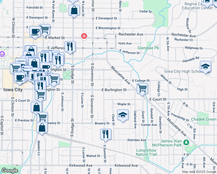 map of restaurants, bars, coffee shops, grocery stores, and more near 252 South Summit Street in Iowa City