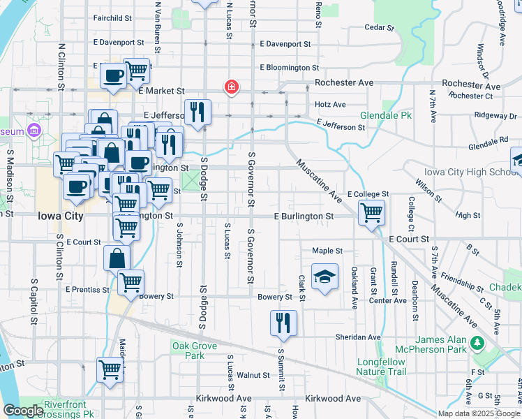map of restaurants, bars, coffee shops, grocery stores, and more near 250 South Governor Street in Iowa City
