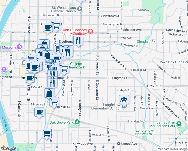 map of restaurants, bars, coffee shops, grocery stores, and more near 230 South Lucas Street in Iowa City