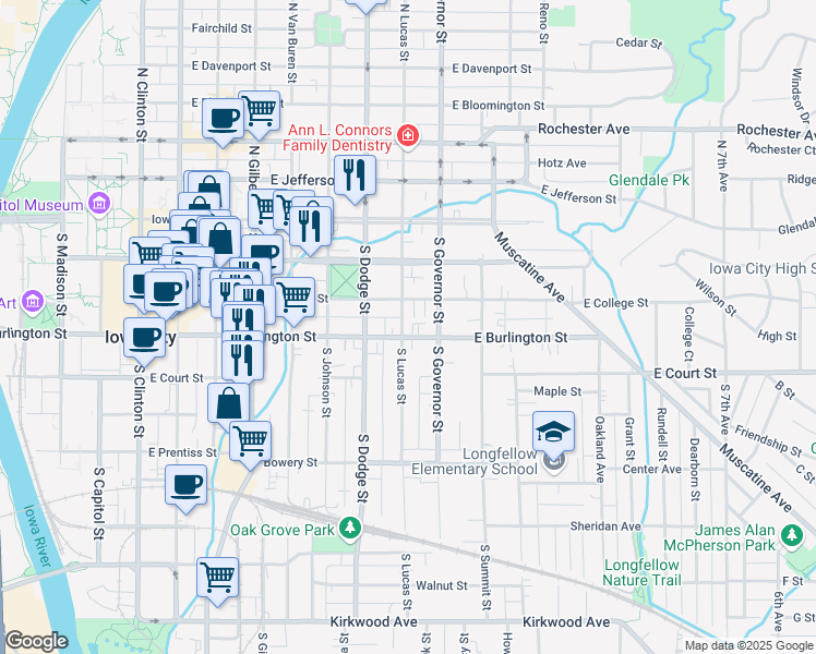 map of restaurants, bars, coffee shops, grocery stores, and more near 230 South Lucas Street in Iowa City