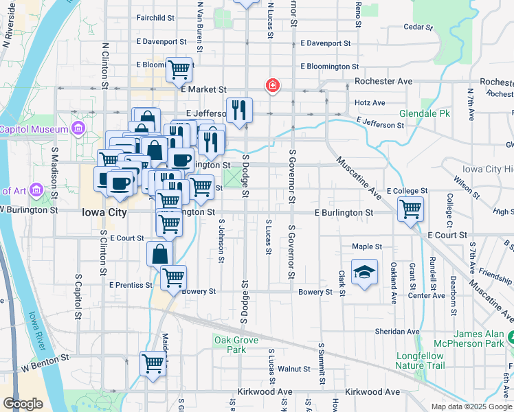 map of restaurants, bars, coffee shops, grocery stores, and more near 230 South Dodge Street in Iowa City