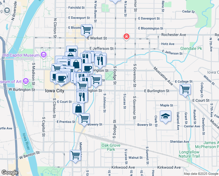 map of restaurants, bars, coffee shops, grocery stores, and more near 226 South Johnson Street in Iowa City