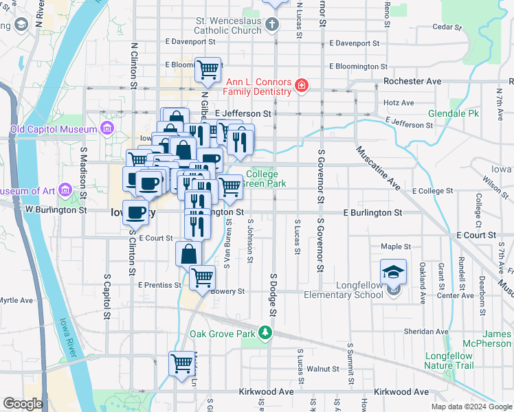 map of restaurants, bars, coffee shops, grocery stores, and more near 226 South Johnson Street in Iowa City