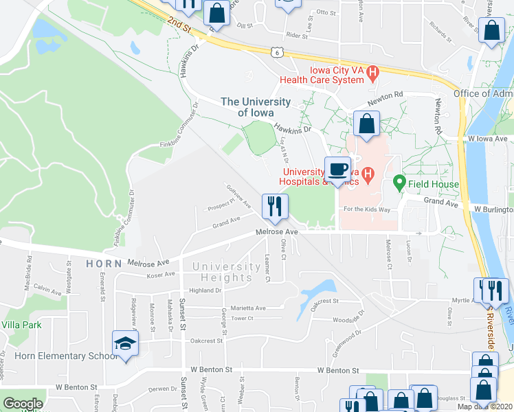map of restaurants, bars, coffee shops, grocery stores, and more near 205 Golfview Avenue in Iowa City