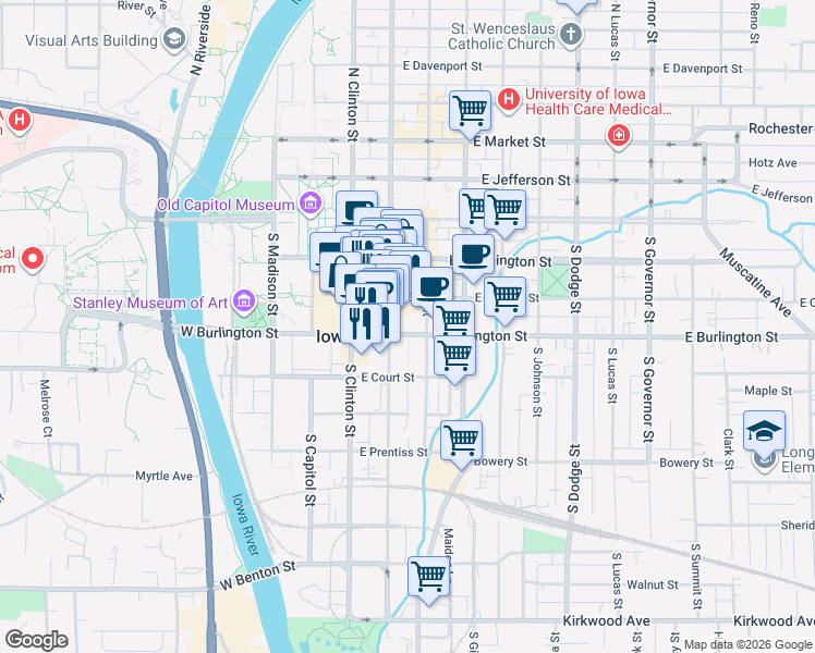 map of restaurants, bars, coffee shops, grocery stores, and more near 220 South Dubuque Street in Iowa City