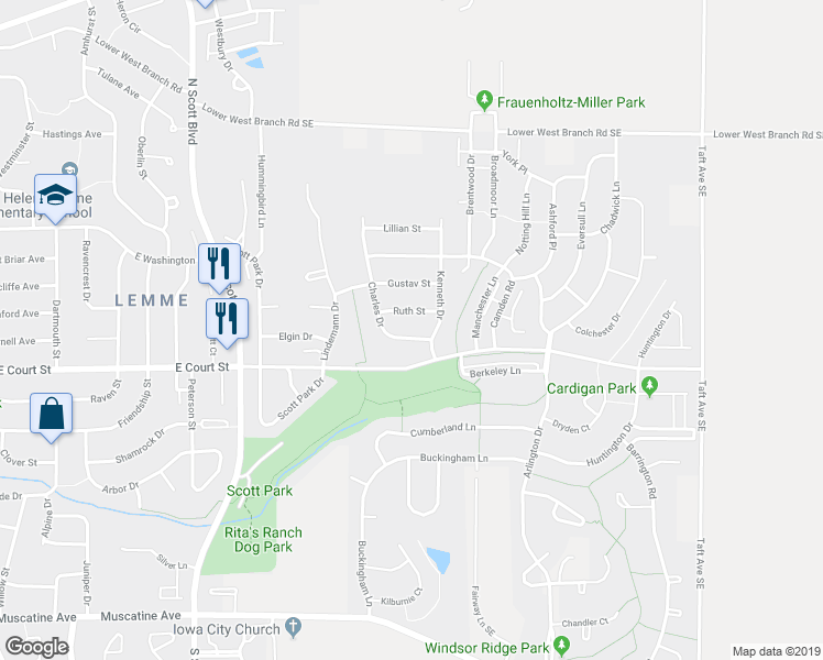 map of restaurants, bars, coffee shops, grocery stores, and more near 14 Charles Drive in Iowa City