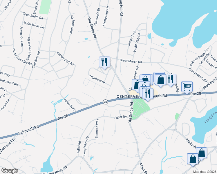 map of restaurants, bars, coffee shops, grocery stores, and more near 1309 Shootflying Hill Road in Barnstable