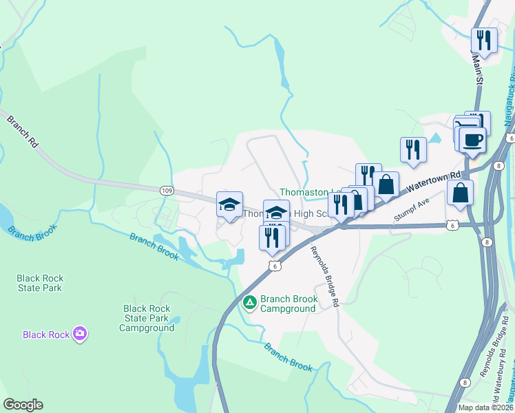 map of restaurants, bars, coffee shops, grocery stores, and more near 124 Branch Road in Thomaston