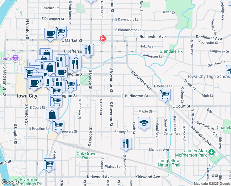 map of restaurants, bars, coffee shops, grocery stores, and more near 916 East Burlington Street in Iowa City