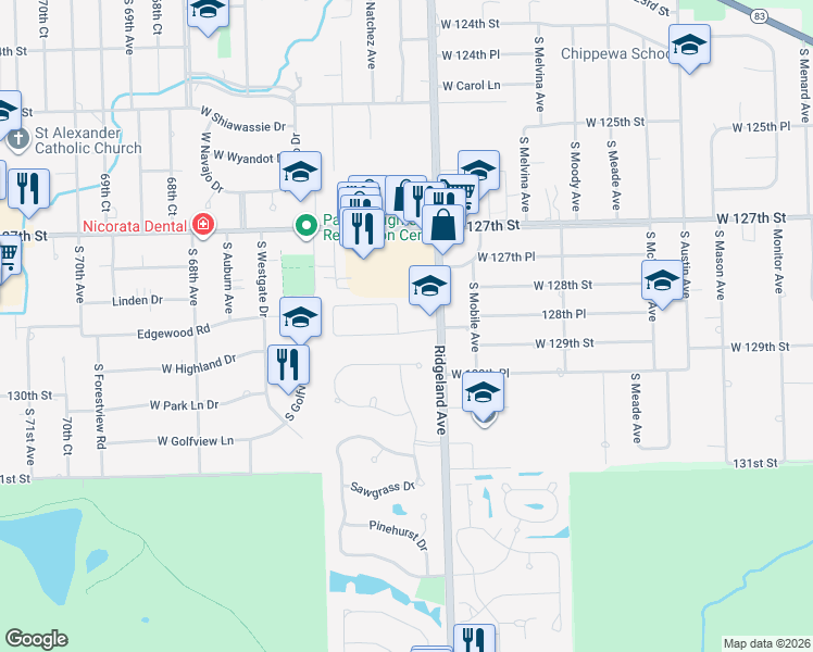 map of restaurants, bars, coffee shops, grocery stores, and more near 6414 Fox Lane in Palos Heights
