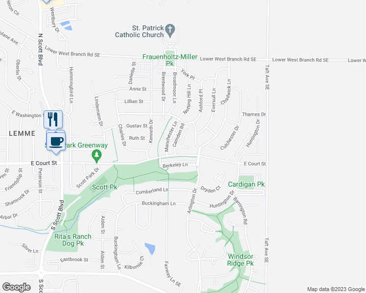 map of restaurants, bars, coffee shops, grocery stores, and more near 4438 East Court Street in Iowa City