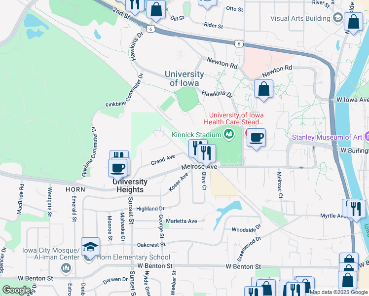 map of restaurants, bars, coffee shops, grocery stores, and more near 212 Golfview Avenue in Iowa City