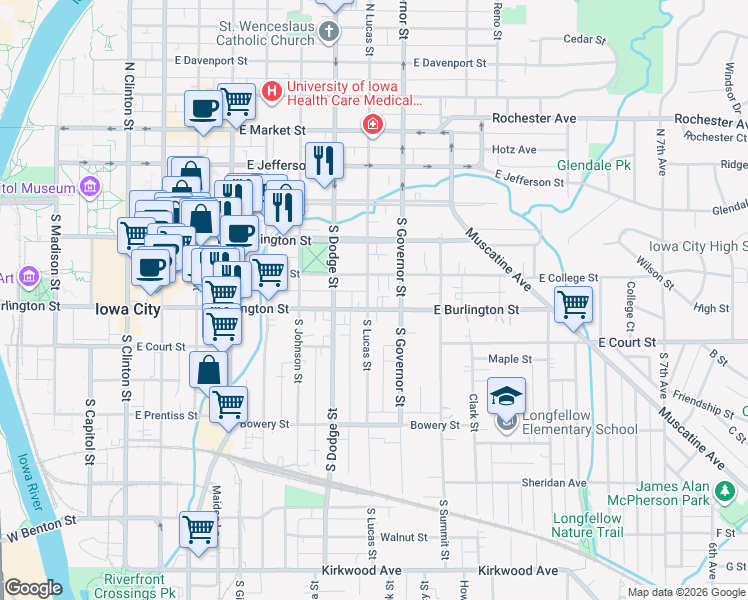 map of restaurants, bars, coffee shops, grocery stores, and more near 230 South Lucas Street in Iowa City