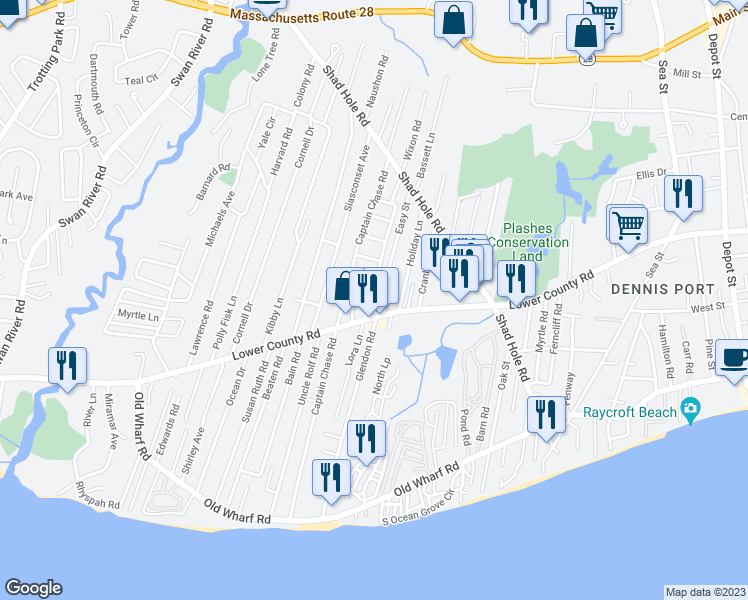 map of restaurants, bars, coffee shops, grocery stores, and more near 10 Lorree Lane in Dennis