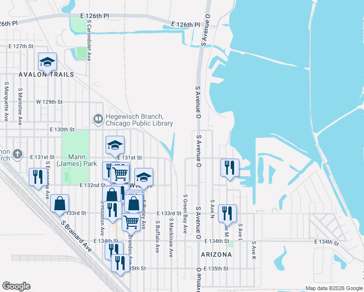 map of restaurants, bars, coffee shops, grocery stores, and more near 13000 South Green Bay Avenue in Chicago