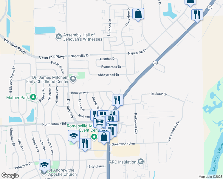 map of restaurants, bars, coffee shops, grocery stores, and more near 10 Beacon Avenue in Romeoville